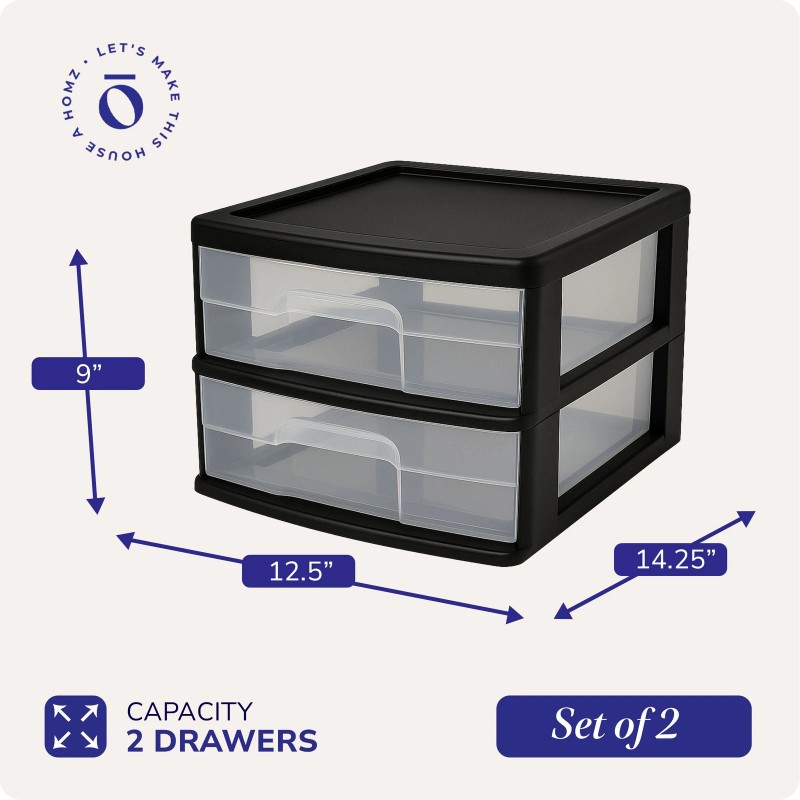 Homz Plastic 2 Drawer Medium Storage Cart, Black Frame with