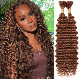 Kachanaa 18 Inch Deep Wave Crochet Hair for Boho Box Braids 2 Bundles Honey Brown 20% Mixed Deep Wave Human Hair for Braiding Goddess Braids /30#