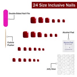 Wine Red Press on Toenails Short Square False Nail Black Full Cover Designs Red Solid Color Fall Fake Toe Nails Reusable Glossy Acrylic Fake Toe Nails Art Kits for Women Girls 24Pcs