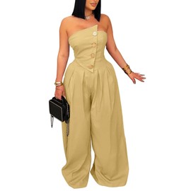 Tcremisa Womens Strapless Cargo Jumpsuit Summer Metal Button Off Shoulder Tube Top One Piece Wide Leg Jumpsuits Romper