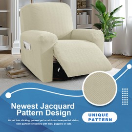 JIVINER 3 Piece Recliner Chair Cover Stretch Lazy Boy Non Slip Covers for Recliner with Pockets Soft Jacquard Reclining Sofa Slipcovers Furniture Protector with Elastic Bottom (1 Seater, Beige)