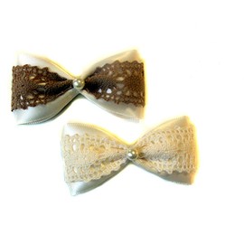 Ribbon Hair Bow Clip Sets (Alligator Clip, Caramel & Vanilla Lace Pearls)