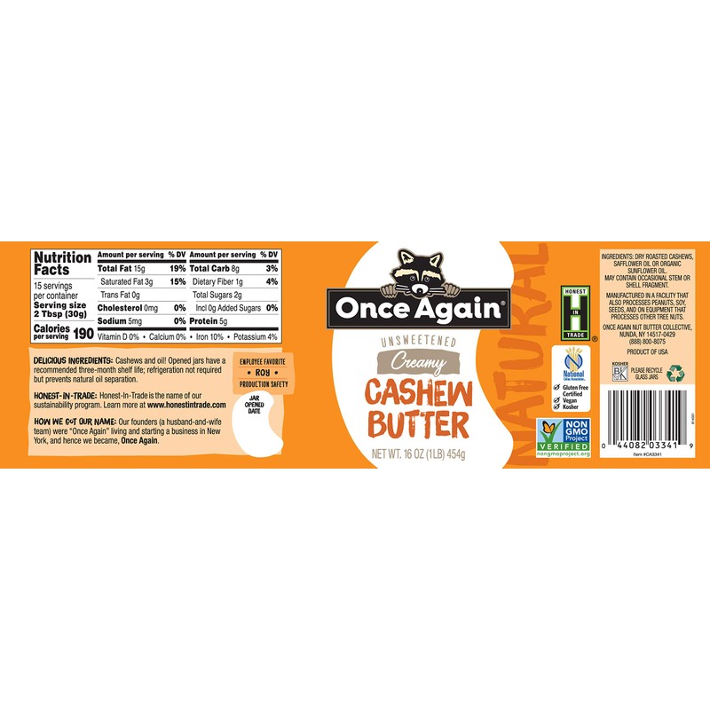 Once Again Natural Creamy Cashew Butter, 16oz - Unsweetened -