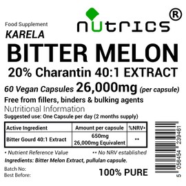 Nutrics® 26,000mg (per Capsule) Bitter Melon Extract 60 V Capsules - 20% CHARANTIN Strong One A Day - KARELA Bitter Gourd 100% Pure - No Additives (60 V Capsules (2 Months Supply))