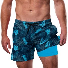 Cozople Compression Swim Trunks Men's Quick Dry Swim Shorts Fashion Tropics Palm Hybrid Printed Swimwear Beach Lightweight Bathing Suit with Drawstring Pocket M