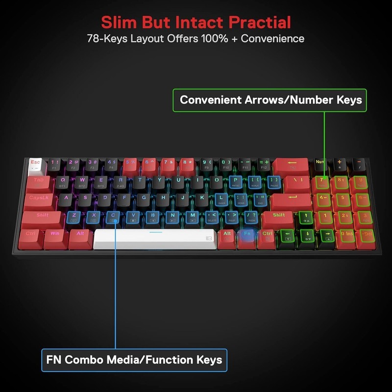 Redragon K628 PRO 75% 3-Mode Wireless RGB Gaming Keyboard, 78