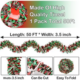 50 Feet Christmas Tinsel Garland Metallic Tinsel Garland Christmas Tree Garland Decorations for Christmas (Red, Green and White)