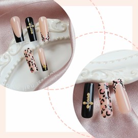 BABALAL Press on Nails Long Square Fake Nails Black Glue on Nails Cheetah French Tip Acrylic Nails Cross Charm Goth False Nails 24Pcs Glossy Squoval Stick on Nails Manicure Artificial Nails