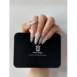 M·Q NAIL,Press on nails,Pink ink graffiti tips long nails,Hand drawn,Includes 48 jelly glue and 2 cuticle sticks and 2 rubbing strips (Cat's eye french, S)