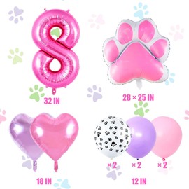 Pink Dog Birthday Balloons, Paw Print Balloons, 8th Birthday Girl Decoration, Cartoon Dog Sky Balloons for Dog Themed Birthday Party Decorations (8)