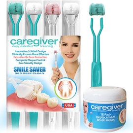 Caregiver 3-Sided Toothbrush | 4-Pack + 16 Replacement Heads | Easy Assisted Brushing for Autism, Special Needs, Disabilities, Seniors & Dexterity | Gentle U-Shaped Triple Clean Soft | Made in USA