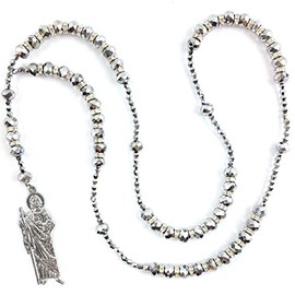 Western Peak San Judas Crystal Glass Bead Prayer Silver Beads Rosary Rosario (Grey)