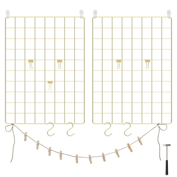 SONGMICS Metal Wall Grid Panel, DIY Wire Photo Hanging Display, Set of 2, with S Hook, Clip, Hemp Cord, 16.5 x 12.2 inches, Golden