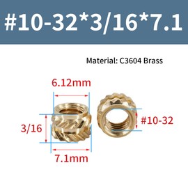 #10-32 Threaded Inserts,50Pcs #10-32 * 3/16 * 7.1mm C3640 Brass Heat Set Insert,American Knurled Nuts,Standard Female Thread Hardware Nuts for Plastic and 3D Printing Components