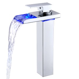 XIMLIKE LED Bathroom Faucet, Chrome Waterfall Bathroom Sink Faucet Tall Vessel 1 Hole Single Handle Brass with Hot and Cold Water Supply Hose