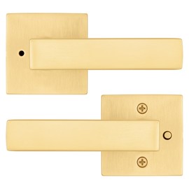 Kwikset Singapore Interior Privacy Door Handle with Lock, Door Lever for Bathroom and Bedroom, Satin Brass Reversible Keyless Push Button Lock Door Lever, with Microban Protection