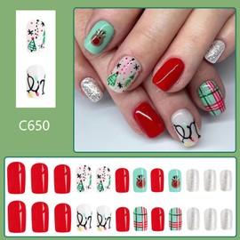 Vopintpy Cute Elk Christmas Tree Press on Nails Medium Square Fake Nails Glossy Winter Xmas Glue on Nails with Lines Design Reusable Full Cover Stick on Nails for Women DIY Manicure