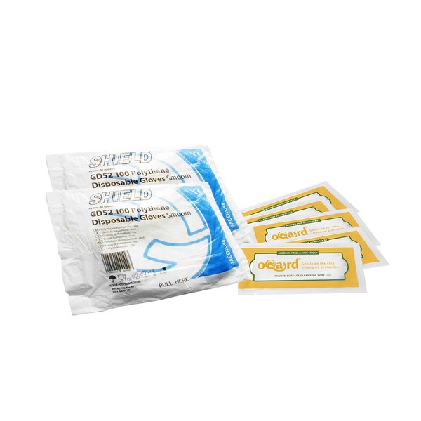 Shield Polythene Disposable Gloves and Oqard Cleansing Wipes (10 pack