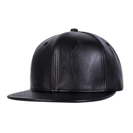 FREEBIRD99 Faux Leather Flat Bill Brim Hip Hop Baseball Cap Ajustable Snapback Hat (Black)