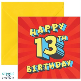 GIGGLE GREETINGS Super Hero Text Birthday Card For 13 Year Old Girl or Boy - 13 Year Old Birthday Card With Yellow Envelope - Eco Friendly Card