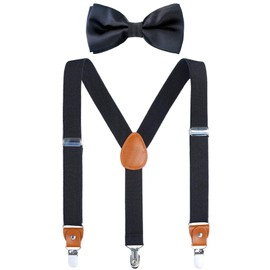 Children Boys Kids Suspenders - Sturdy Metal Clips Adults Mens Suspender with Bow Tie(Black+Black Bow,24 inches(3 Years-6 Years))