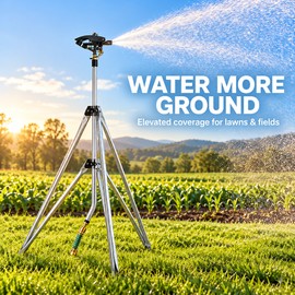 Heavy Duty Tripod Sprinkler with 100 Ft Spray Diameter, 48-72 Inch Adjustable Stand, 360° Brass Impact Head for Lawn and Farm Irrigation