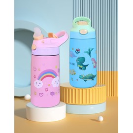 iZEL Kids Waterbottle 400ml Childrens Stainless Steel BPA Free Drinking Leak Proof Water Bottle with Straw Vacuum Insulated for School Sports Travel Adventure Work Game Child Kids (Pink Unicorn)