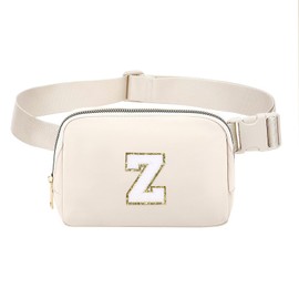 Belt Bag Fanny Pack Crossbody with Chenille Initial Letter Patch for Women Teen Girl,Cute Waist Pack Gym Purse Everywhere Pouch Travel Running Birthday Gift (Z, beige)