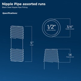 Everflow Supplies NPBL1250-4, Steel Nipple Pipe, Build Vintage DIY Furniture With Pre Cut Industrial Iron Pipe, Threaded Malleable Pipe 1/2" x 5" Black (Pack Of 4)