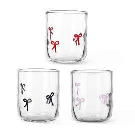 PRERUICHI 3 pcs Bow Icon Juice Glass Coquette Aesthetic Cup 14 ounce Double Old Fashioned Icon Handblown Cocktail Glass for Women Friend Sister Party（Red Black Pink）