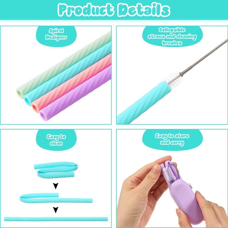 4 Set Silicone Straws with Case Reusable Straws Silicone Foldable