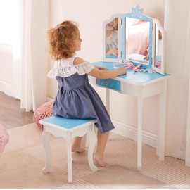 MOUDS Vanity Set, 2 in 1 Princess Makeup Dressing Table and Writing Desk, Girls Vanity Table with Detachable Tri-Folding Mirror, Blue, Ages 3-8