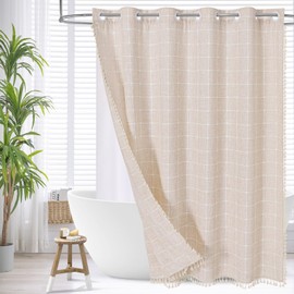 MitoVilla No Hooks Needed Boho Farmhouse Shower Curtain with Snap-in Liner, Cotton Linen Fabric Shower Curtains with Tassels for Rustic Neutral Bathroom Decor, Beige/Cream, 72 x 74