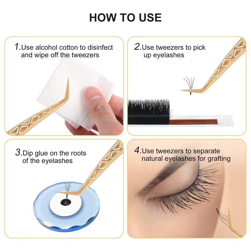 FEITA Eyelash Extension Tweezer Set Gold Lash Applicator Tool -