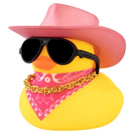 wonuu Car Dashboard Ornaments Rubber Ducks, Yellow Glitter Cowboy Hat Duck Decoration with Mini Cap Necklace Sunglasses (Pink Cowboy)
