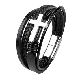 Jennoria Mens Black Leather Bracelet Multi-Layer Braided Leather Cross Bracelet Religious Confirmation Gifts (Black Leather Silver Cross, 8.07)