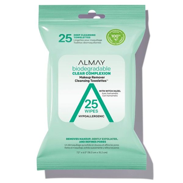 Almay Makeup Remover Cleansing Towelettes, Biodegradable Clear Complexion Wipes for Oily and Acne Prone Skin, Hypoallergenic, Cruelty Free, Fragrance Free, 25 Count