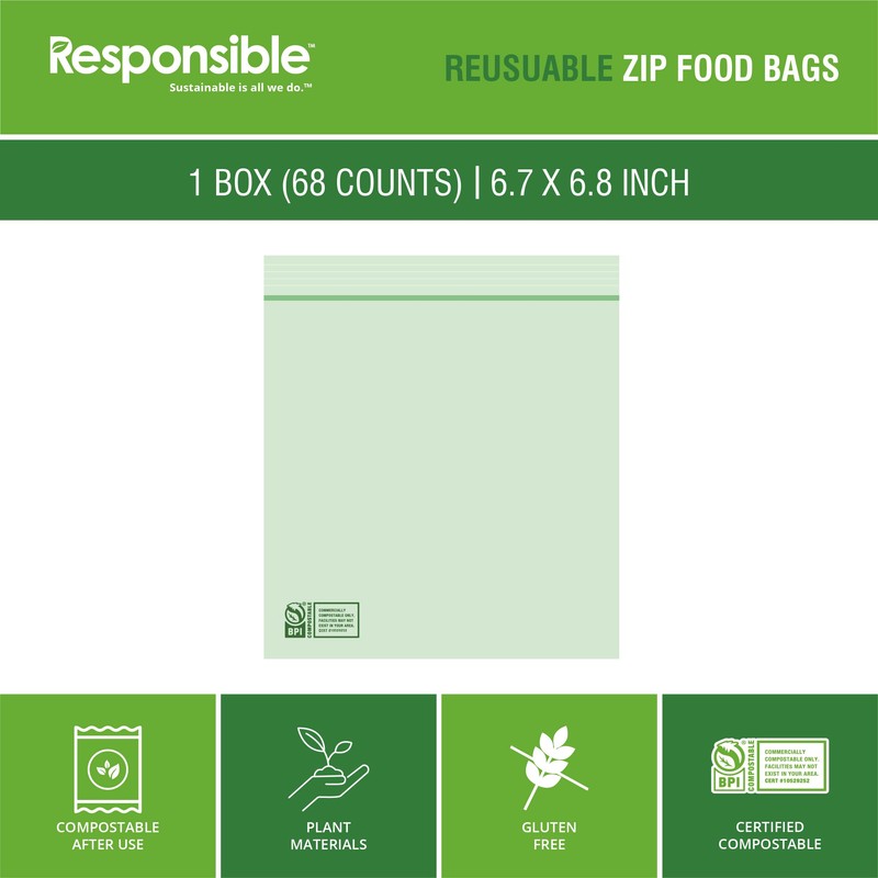 Responsible Products Certified Compostable SANDWICH Resealable Zip Bag, Extra Strength
