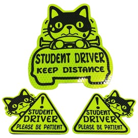 3PCS Reflective Student Driver Car Magnets, Please Be Patient Keep Distance Warning Sign, Cute Cartoon New Driver Decal Safety Sign Car Bumper Sticker, Removable Auto Exterior Accessories (Style A)