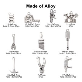 UR URLIFEHALL 50 Pcs 10 Styles Tibetan Builders Theme Charms Antique Silver Pliers Screwdriver Hammer Tool Charms for DIY Jewellery Making