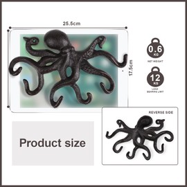 efuturetime Octopus Coat Hooks, Rustic Coat Hooks, Cast Iron Wall Hooks with Screws, Coat Hooks Wall for Hanging, Clothes, Keys, Hats, Bags, Dark Brown