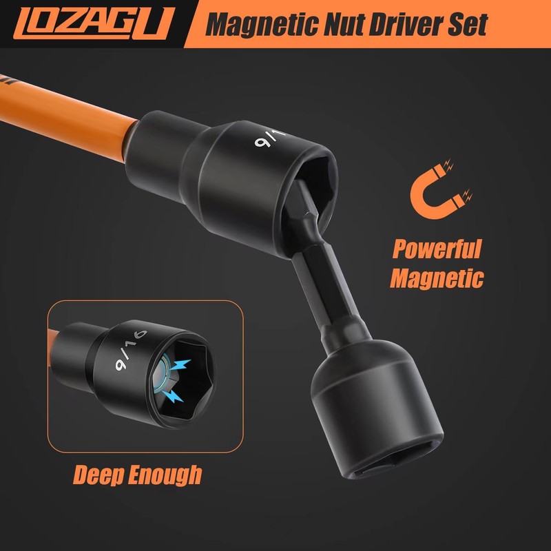 LOZAGU 16Pcs Long Magnetic Nut Driver Set for Impact Drill