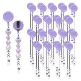 30pcs Purple Beadable Badge Reels Making Kits - Beaded Blank Bars Bulk - Retractable Badge Reel with Belt Clip for ID Name DIY Gift Beadable Items for Nurses,Teachers, Students, Office, Workers