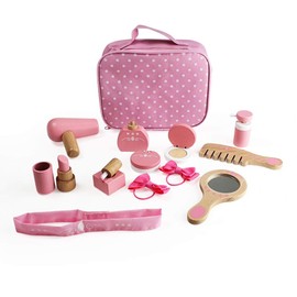 Bigjigs Toys Wooden Kids Vanity Case - 11pc Vanity Kit & Accessories with Pink Polka Dot Carry Bag, Ideal Pretend Play Toy & Gift for Girls