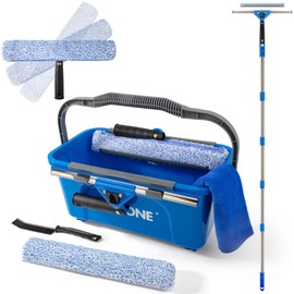 Window Cleaning Kit with Bucket, Squeegee, Scrubber & 80in Handle, Blue