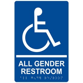 ComplianceSigns.com All Gender Restroom Sign, ADA-Compliant Braille and Raised Letters, 9x6 inch Blue Acrylic with Adhesive Mounting Strips