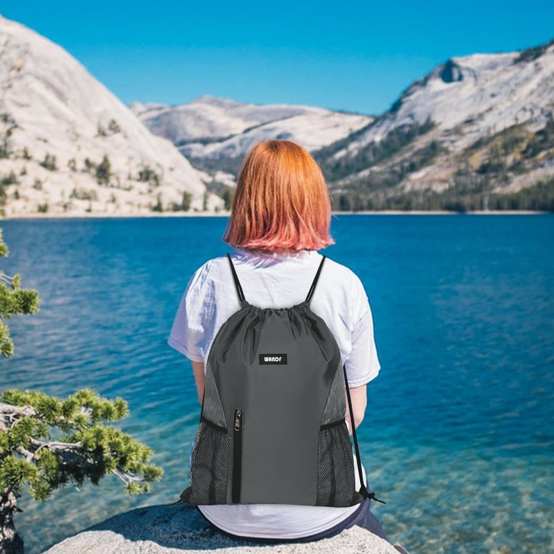 WANDF Drawstring Backpack Sports Gym Sackpack with Mesh Pockets Water