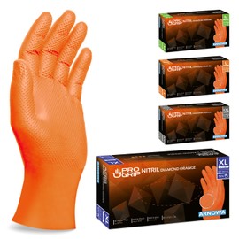 Progrip Disposable Gloves, Orange, Extra Strong, Nitrile Gloves, XL, 2 x Thicker, Disposable Gloves with Diamond Grip, Work Gloves for Workshop, Industry & Assembly, Pack of 50