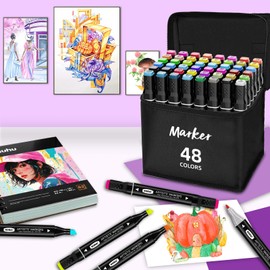 GOMTTS 48 Alcohol Markers, Colouring Pens for Adults,Art Markers with Dual Brush and Fine Tips, Artists ＆ Beginners - Drawing, Sketching, Anime & Design