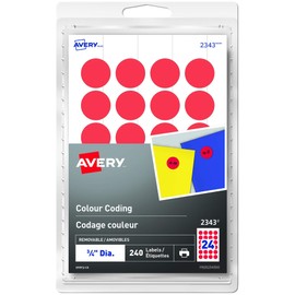 Avery Removable Colour Coding Round Labels, 3/4" Diameter Circle, Red 240 Labels Per Pack (2343)